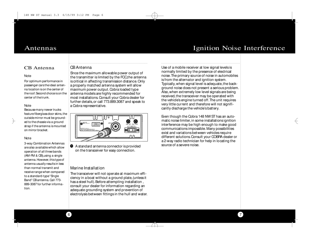 Cobra Electronics 148 NW ST specifications Antennas Ignition Noise Interference, CB Antenna, Marine Installation 