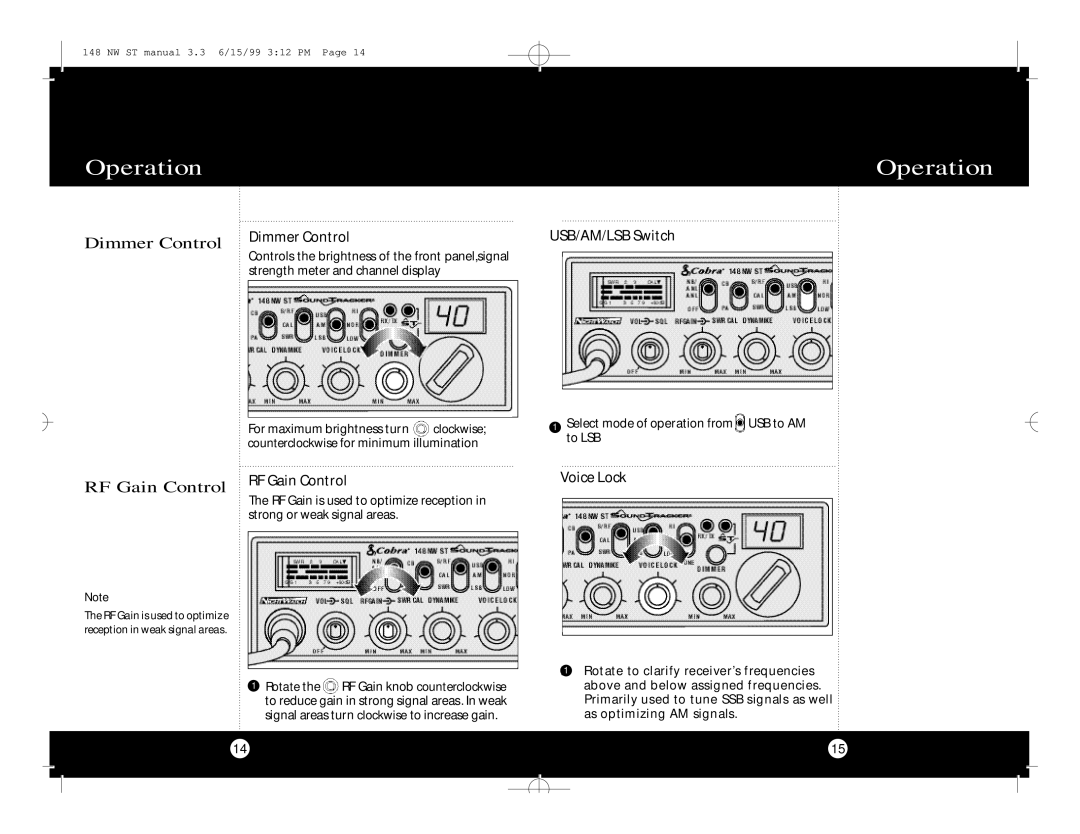 Cobra Electronics 148 NW ST specifications Dimmer Control Dimmer Control, RF Gain Control, USB/AM/LSB Switch, Voice Lock 