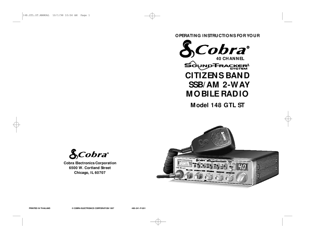 Cobra Electronics 148.GTL.ST operating instructions Citizens Band SSB/AM 2-WAY Mobile Radio 