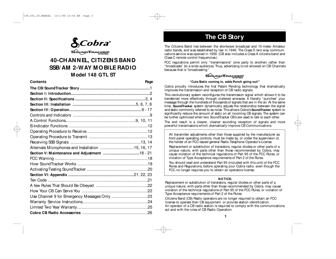 Cobra Electronics 148.GTL.ST operating instructions CB Story, SSB/AM 2-WAY Mobile Radio 