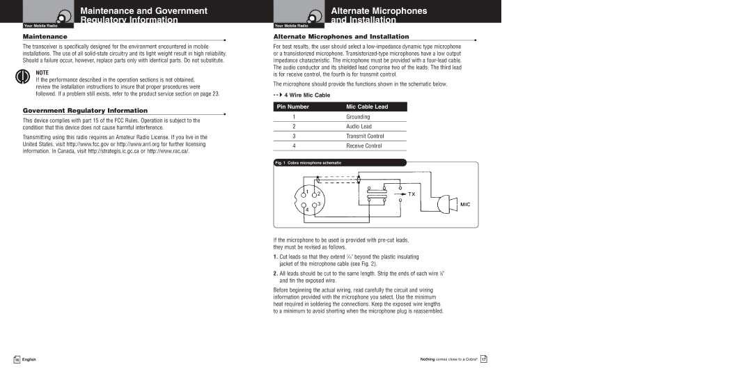 Cobra Electronics 150GTLDX Maintenance and Government Regulatory Information, Alternate Microphones Installation 