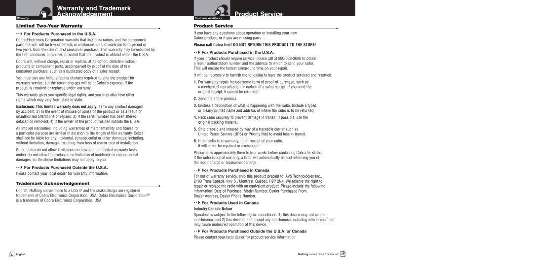 Cobra Electronics 150GTLDX owner manual Warranty and Trademark Acknowledgement, Product Service, Limited Two-Year Warranty 