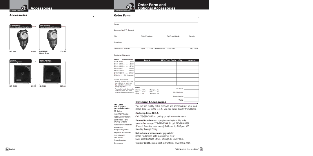 Cobra Electronics 150GTLDX owner manual Order Form Optional Accessories 