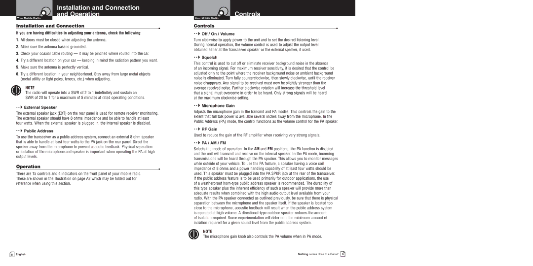 Cobra Electronics 150GTLDX owner manual Installation and Connection Operation, Controls 