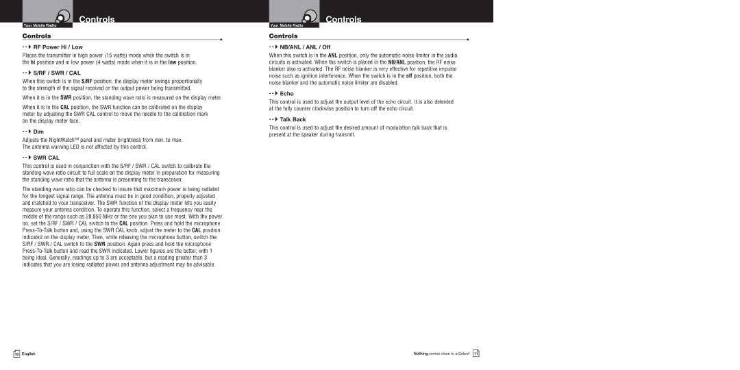 Cobra Electronics 150GTLDX owner manual 4Dim, 4NB/ANL / ANL / Off, 4Echo, 4Talk Back 