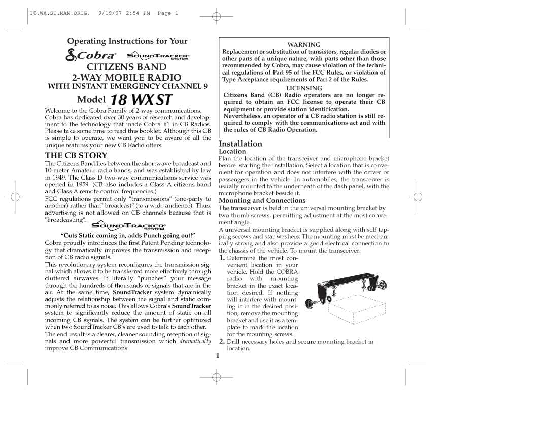 Cobra Electronics 18 WX ST operating instructions Operating Instructions for Your, Installation, Location 