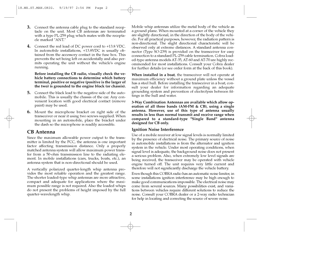 Cobra Electronics 18 WX ST operating instructions CB Antenna, Ignition Noise Interference 