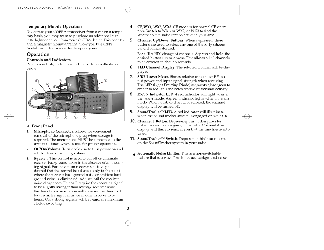 Cobra Electronics 18 WX ST operating instructions Temporary Mobile Operation, Controls and Indicators, Front Panel 