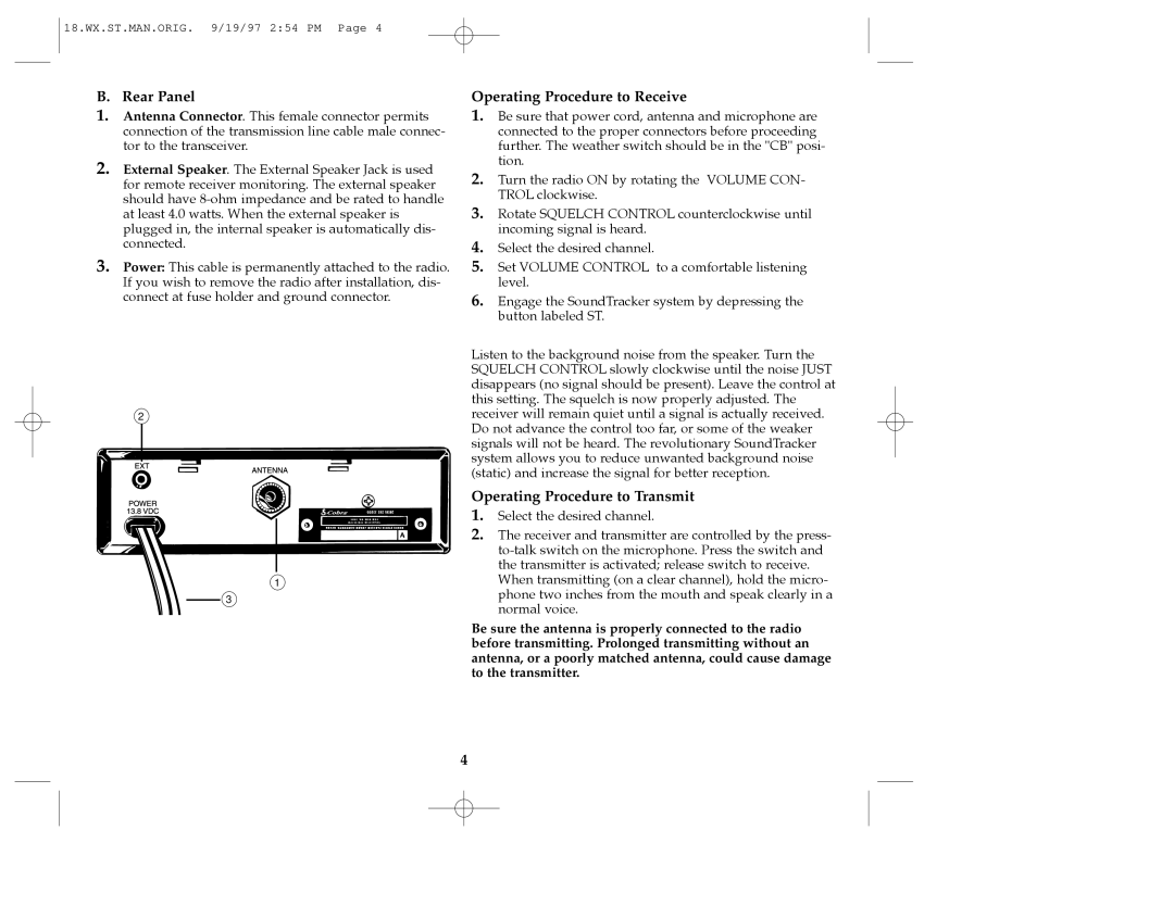 Cobra Electronics 18 WX ST Rear Panel, Operating Procedure to Receive, Operating Procedure to Transmit 