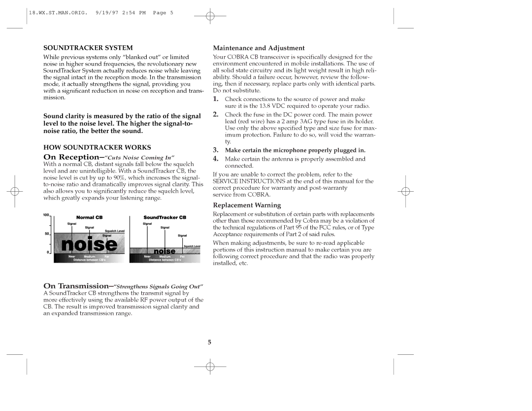 Cobra Electronics 18 WX ST Maintenance and Adjustment, Replacement Warning, Make certain the microphone properly plugged 