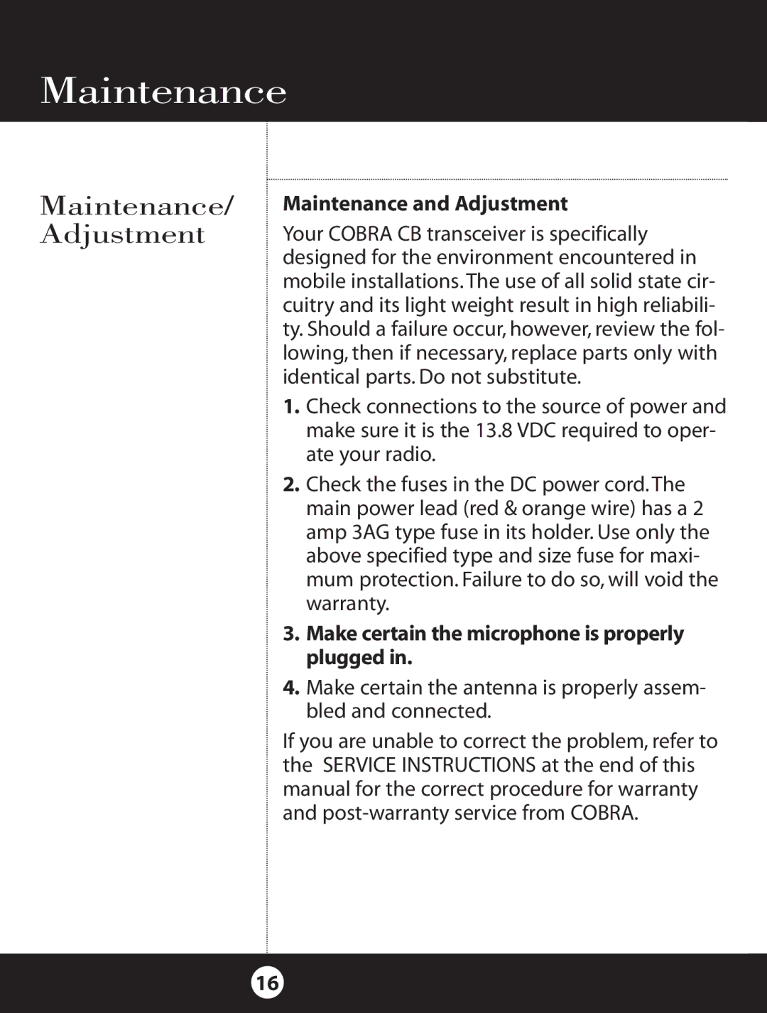 Cobra Electronics 18 WXST II specifications Maintenance/ Adjustment, Maintenance and Adjustment 