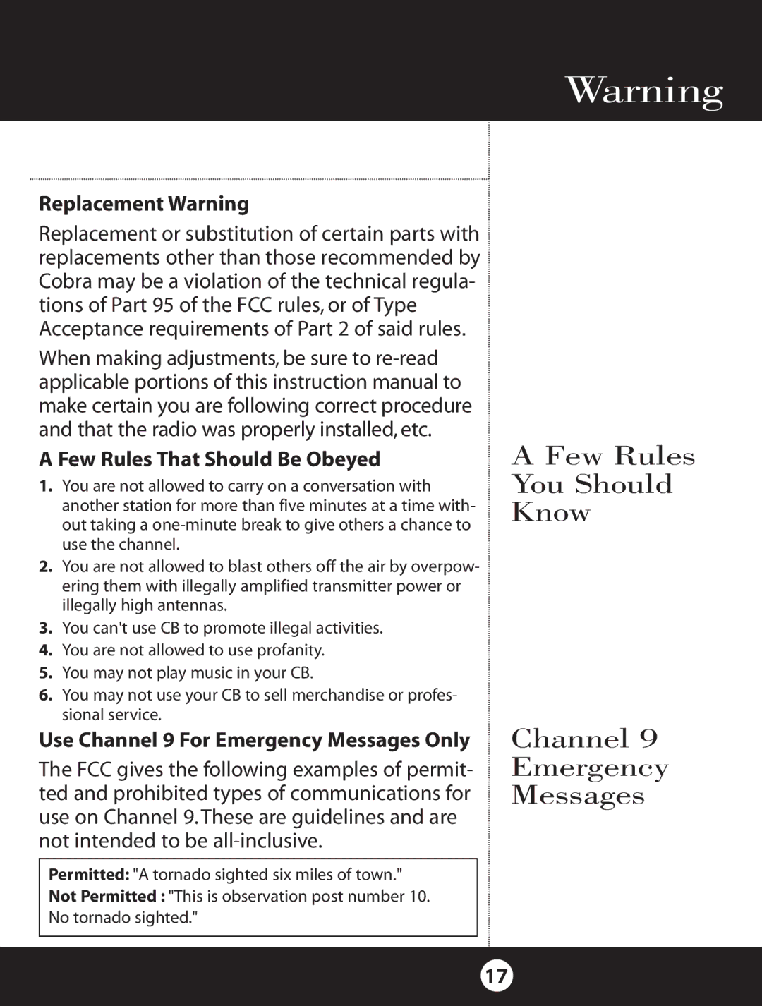 Cobra Electronics 18 WXST II specifications Few Rules You Should Know Channel Emergency Messages, Replacement Warning 