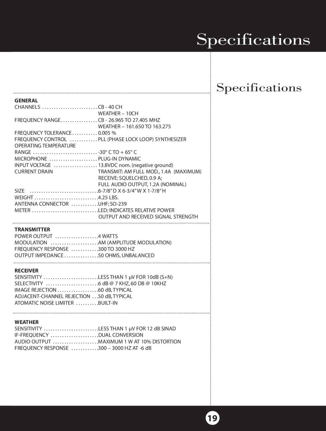 Cobra Electronics 18 WXST II specifications Specifications 