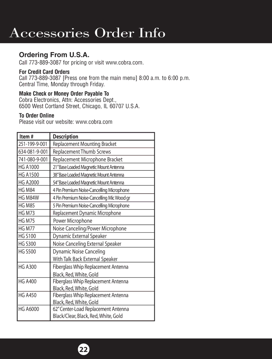 Cobra Electronics 18 WXST II specifications Accessories Order Info, Ordering From U.S.A 