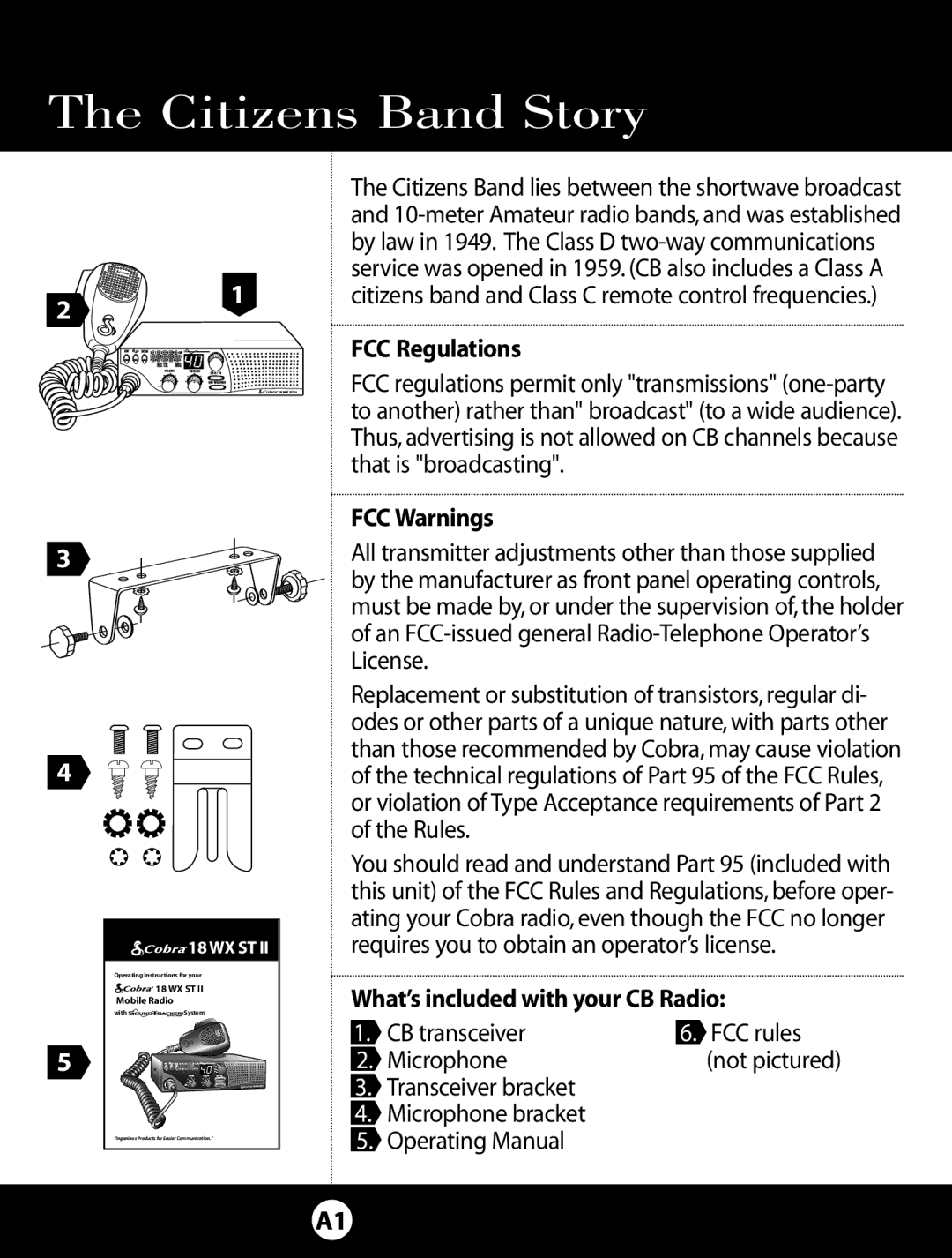 Cobra Electronics 18 WXST II Citizens Band Story, FCC Regulations, FCC Warnings, What’s included with your CB Radio 