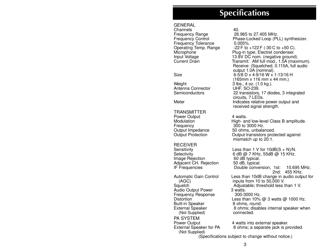 Cobra Electronics 19 DX II manual Introduction, Specifications, Frequency Range, Channel Channel Frequency MHz 