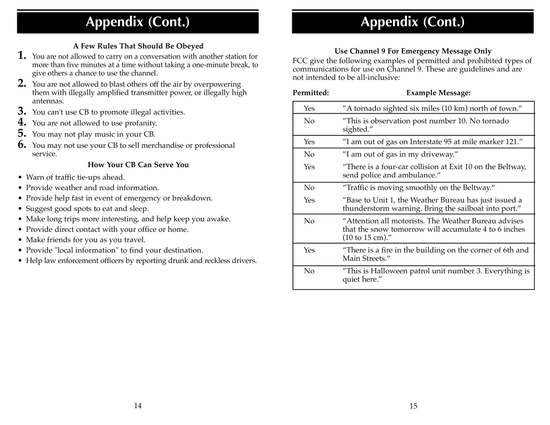 Cobra Electronics 19 DX II manual Few Rules That Should Be Obeyed, How Your CB Can Serve You, Permitted Example Message 