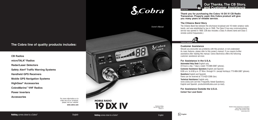 Cobra Electronics 19 DX IV warranty Our Thanks, The CB Story Customer Assistance, For Assistance Outside the U.S.A 