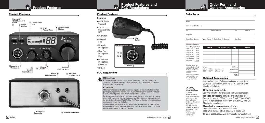 Cobra Electronics 19 DX IV warranty Product Features and FCC Regulations, Ordering from U.S.A 