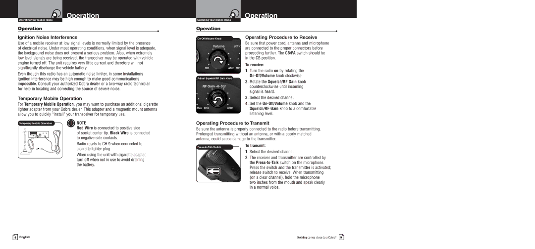 Cobra Electronics 19 DX IV warranty Operation Ignition Noise Interference, Temporary Mobile Operation, To receive 