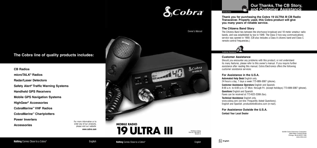 Cobra Electronics 19 Ultra III owner manual Our Thanks, The CB Story Customer Assistance, Citizens Band Story 