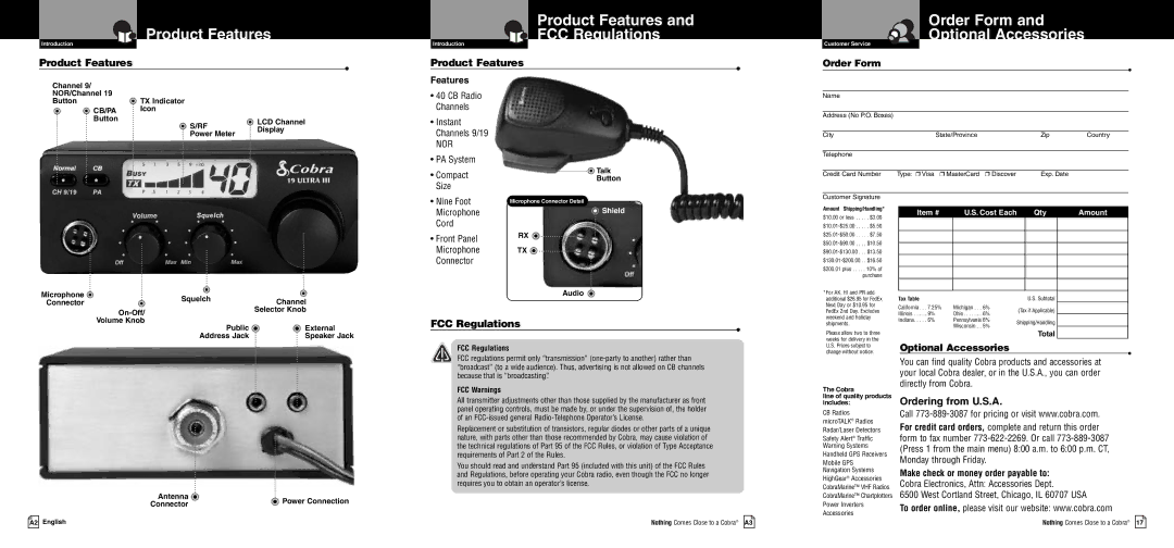 Cobra Electronics 19 Ultra III owner manual Product Features and FCC Regulations, Ordering from U.S.A 