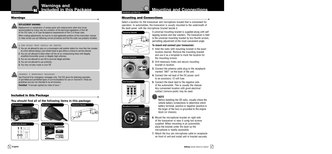 Cobra Electronics 19 Ultra III Included in this Package Mounting and Connections, To mount and connect your transceiver 