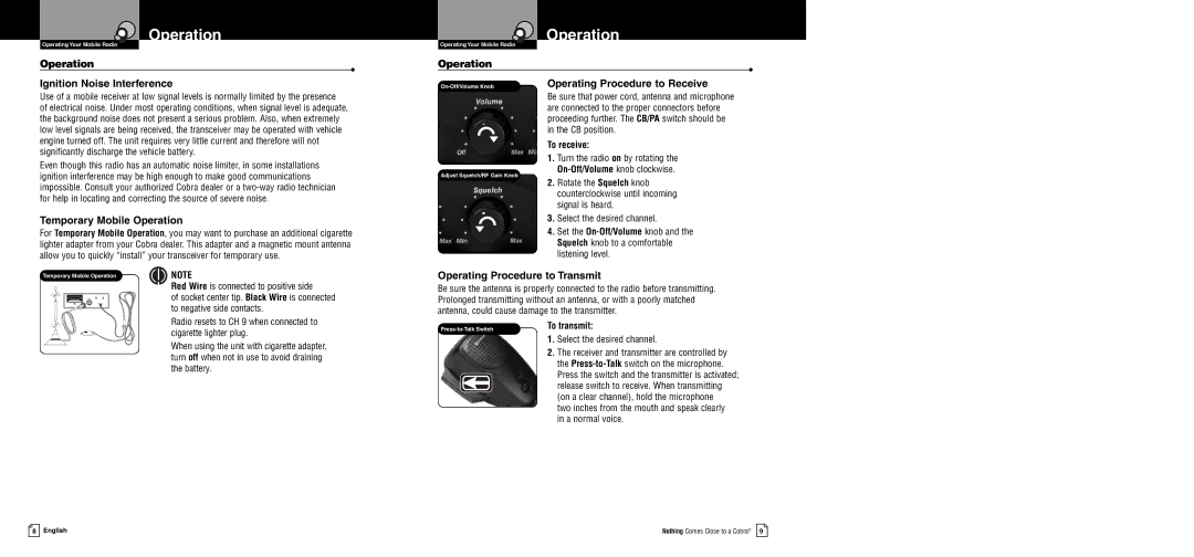 Cobra Electronics 19 Ultra III owner manual Operation Ignition Noise Interference, Temporary Mobile Operation, To receive 