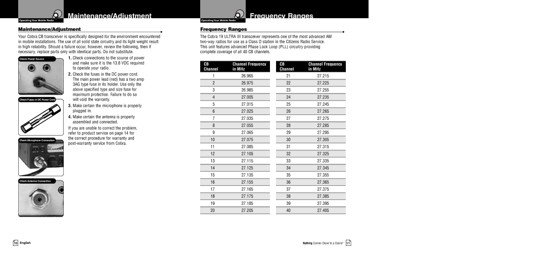 Cobra Electronics 19 Ultra III owner manual Maintenance/Adjustment, Frequency Ranges 