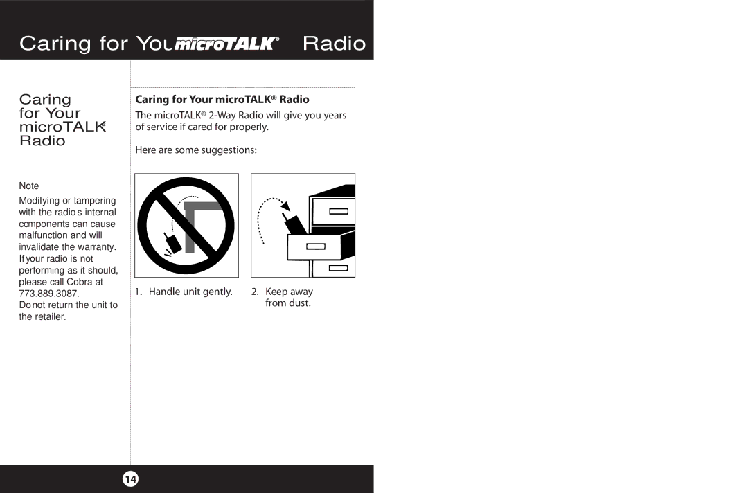 Cobra Electronics 2-Way Radio operating instructions Caring for Your Radio, Caring for Your microTALK Radio 