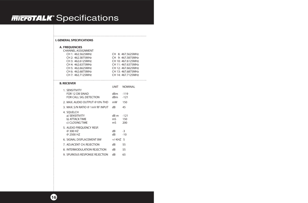 Cobra Electronics 2-Way Radio operating instructions General Specifications 