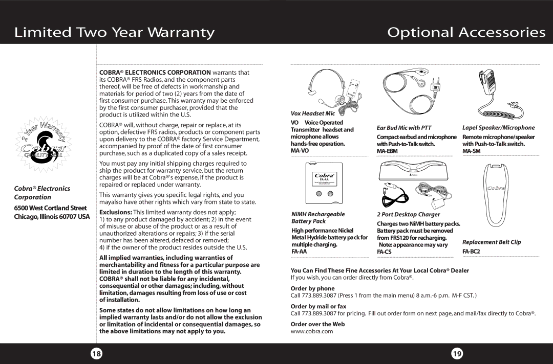 Cobra Electronics 2-Way Radio Limited Two Year Warranty Optional Accessories, Cobra Electronics Corporation 