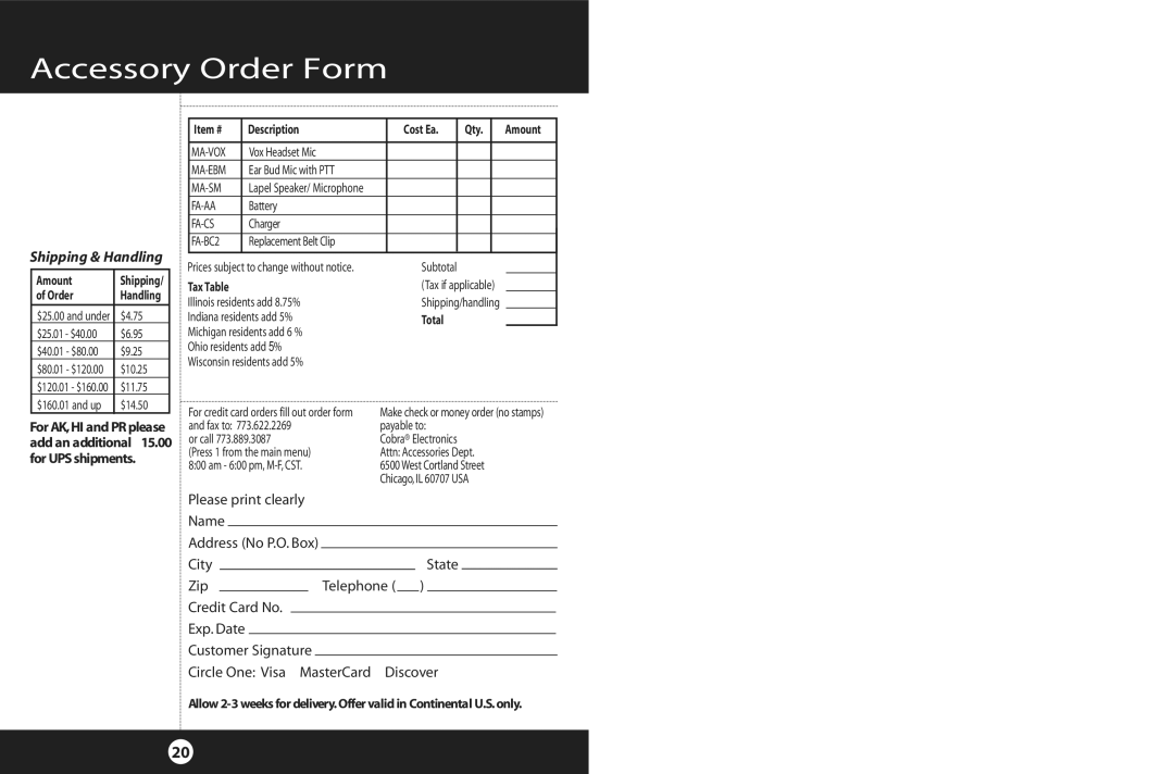 Cobra Electronics 2-Way Radio operating instructions Accessory Order Form, Shipping & Handling 