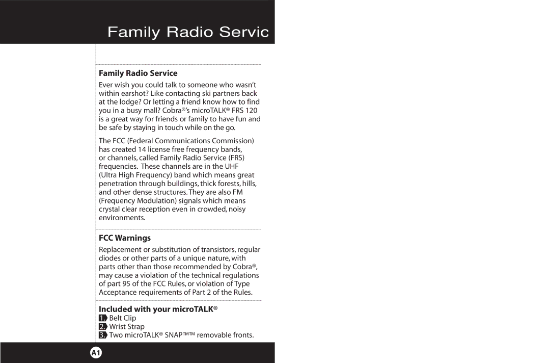 Cobra Electronics Family Radio Service How to Use Your Cobra 2-Way Radio, FCC Warnings, Included with your microTALK 