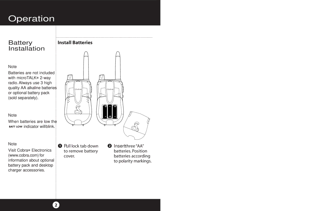 Cobra Electronics 2-Way Radio Operation, Battery, Installation, Turning On Your microTALK, Illuminating the Display 