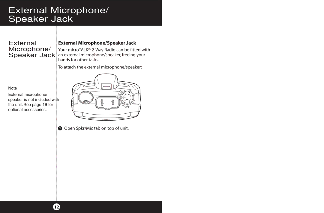 Cobra Electronics 2-Way Radio operating instructions External Microphone Speaker Jack, External Microphone/Speaker Jack 