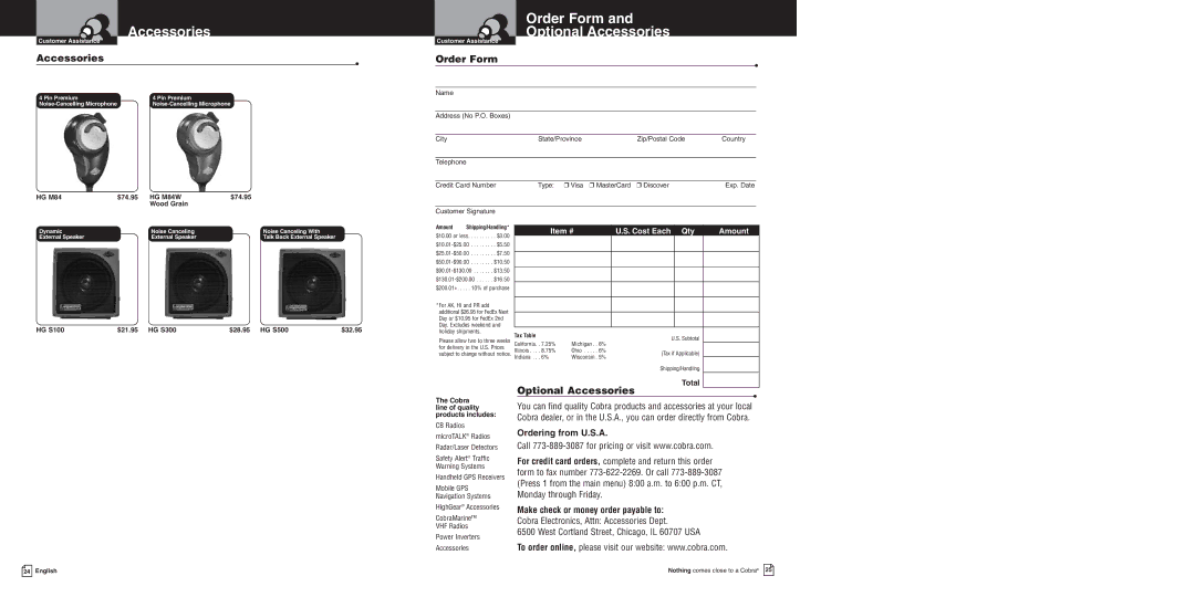 Cobra Electronics 200GTL DX owner manual Order Form Optional Accessories 