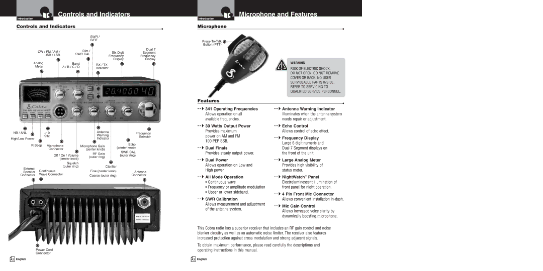 Cobra Electronics 200GTL DX owner manual Controls and Indicators Microphone and Features 