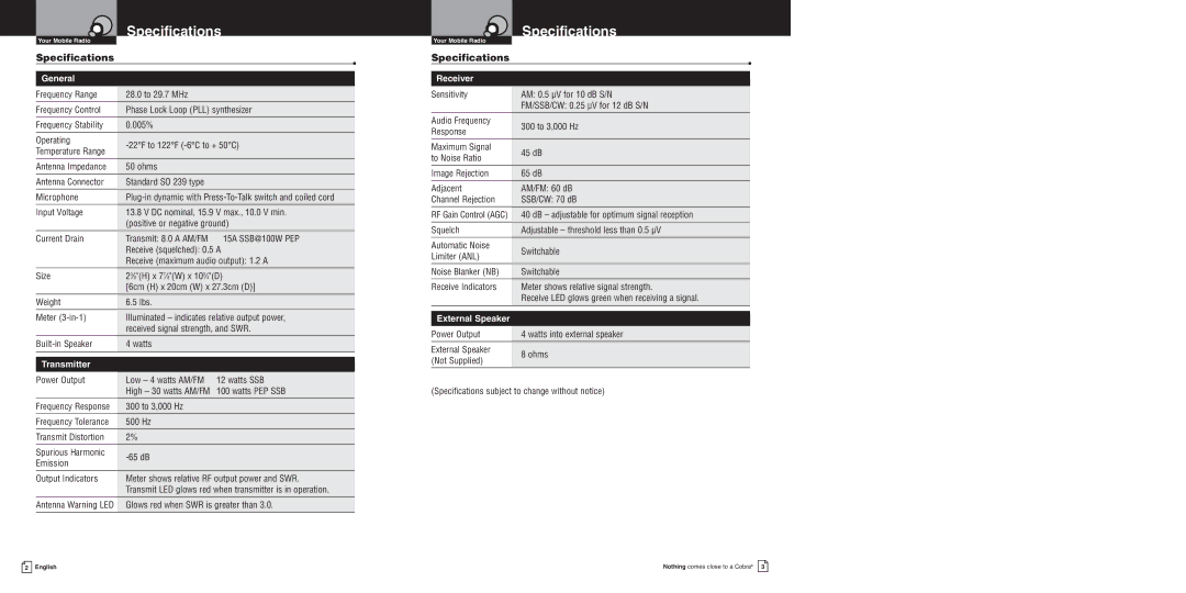 Cobra Electronics 200GTL DX owner manual Specifications 