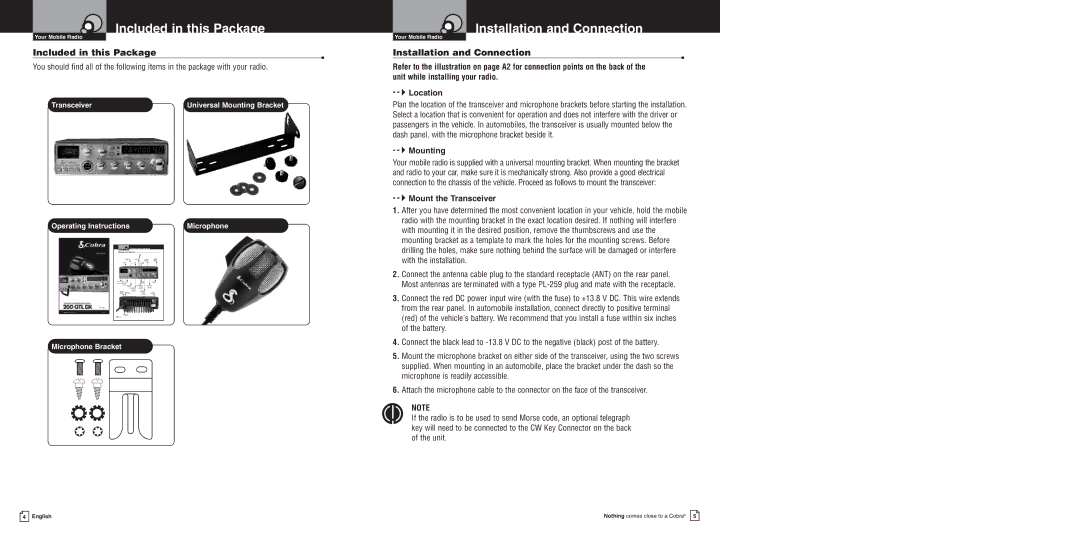 Cobra Electronics 200GTL DX owner manual Included in this Package, Installation and Connection 