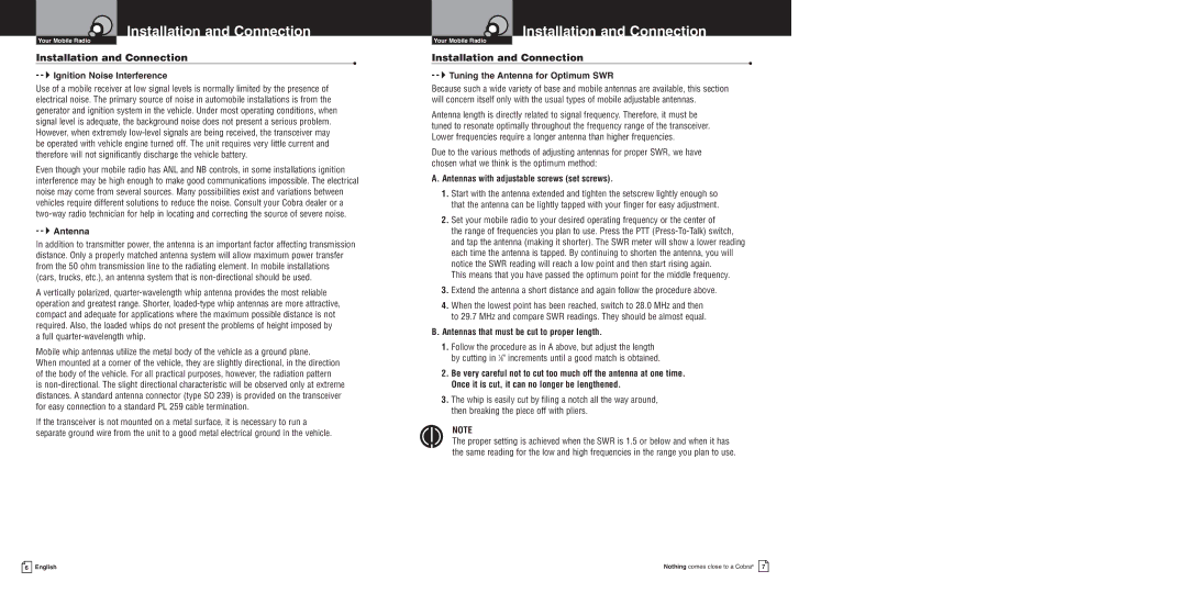Cobra Electronics 200GTL DX owner manual 4Ignition Noise Interference, 4Antenna, 4Tuning the Antenna for Optimum SWR 