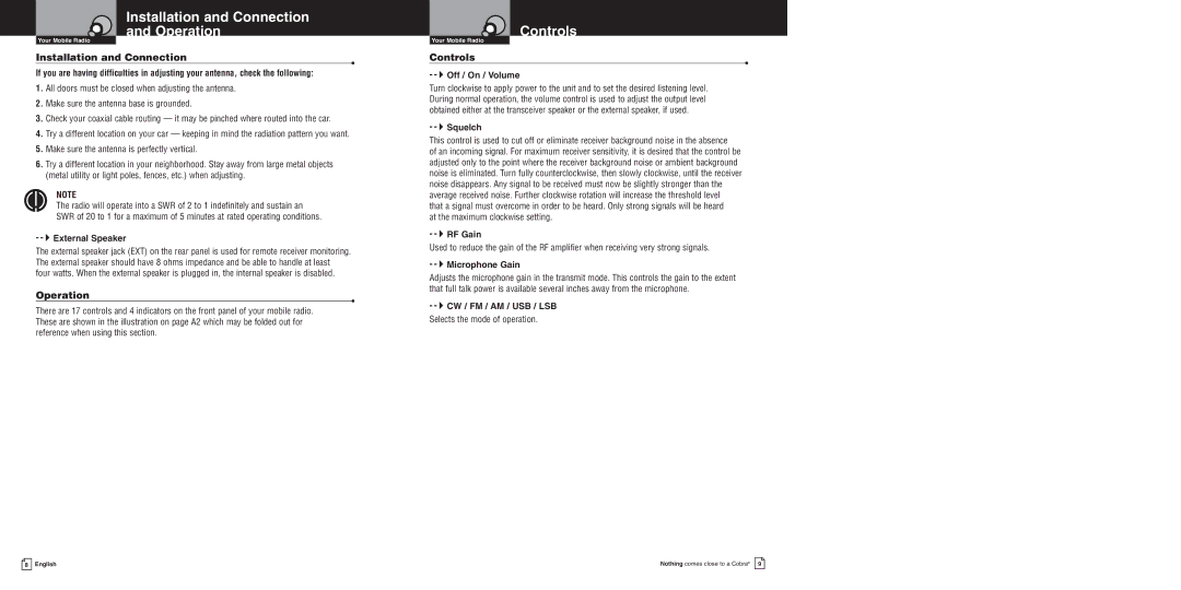 Cobra Electronics 200GTL DX owner manual Installation and Connection Operation, Controls 