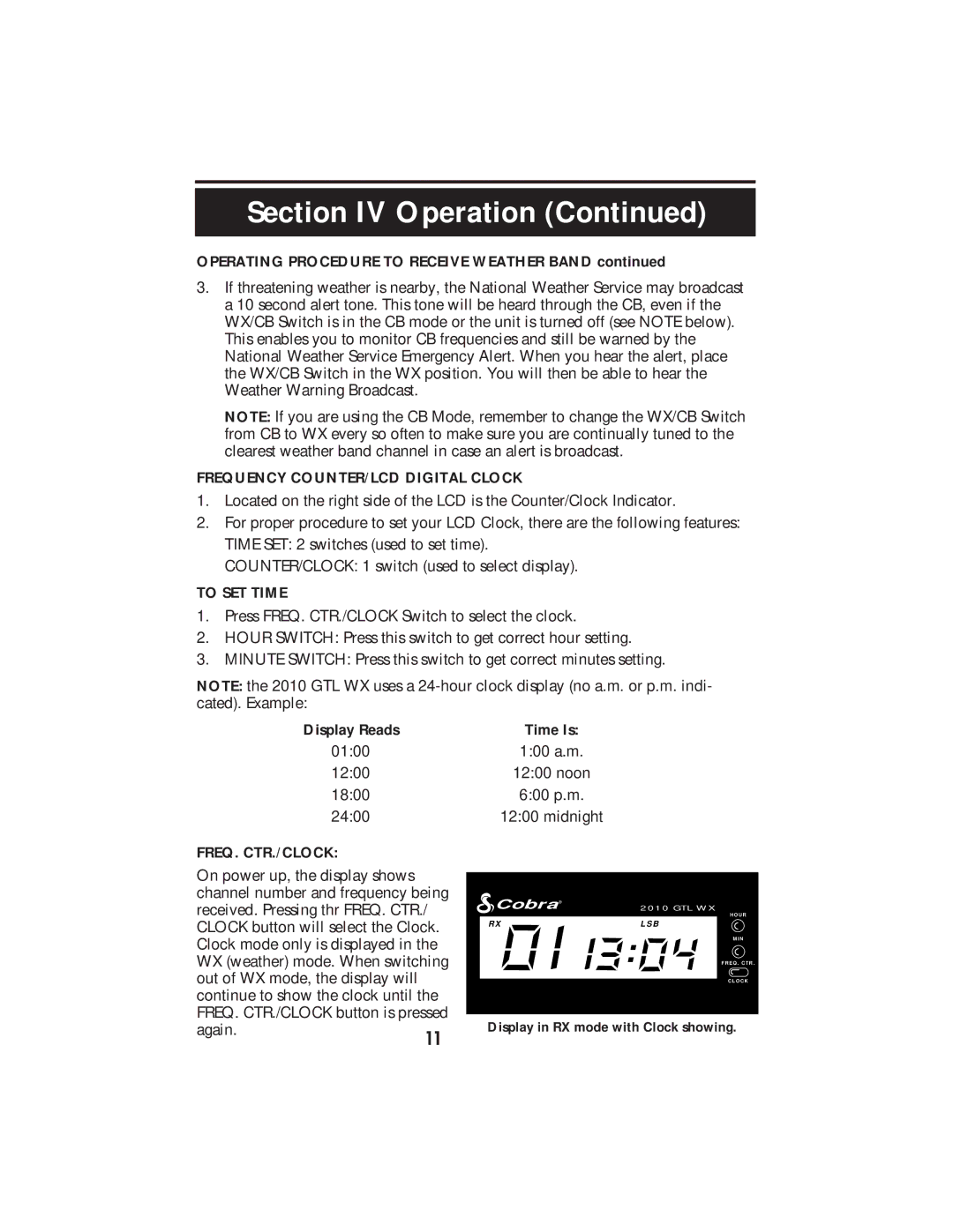 Cobra Electronics 2010 GTL WX operating instructions Frequency COUNTER/LCD Digital Clock, To SET Time, Freq. Ctr./Clock 