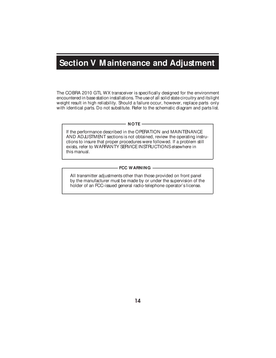 Cobra Electronics 2010 GTL WX operating instructions Section V Maintenance and Adjustment, FCC Warning 