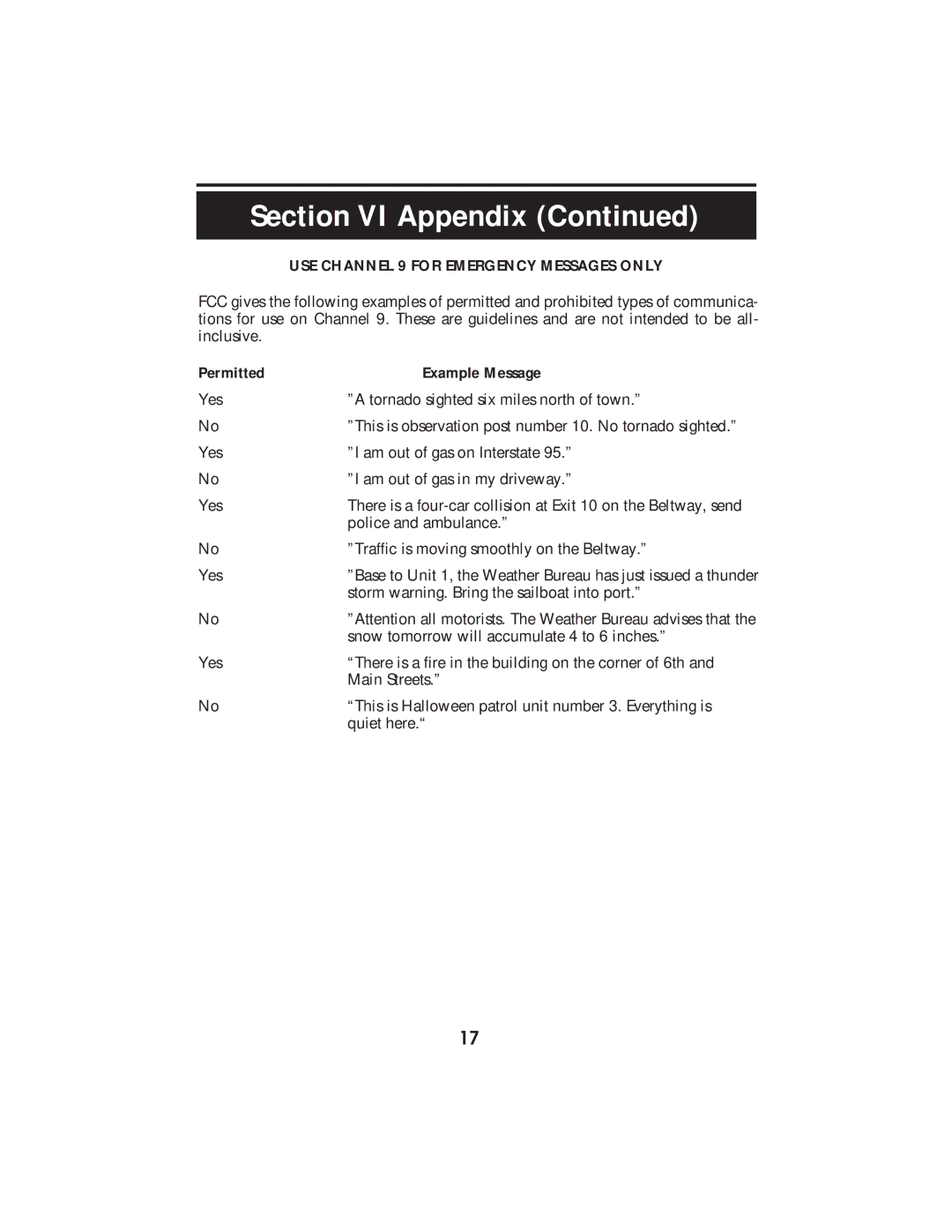 Cobra Electronics 2010 GTL WX operating instructions USE Channel 9 for Emergency Messages only, Permitted Example Message 