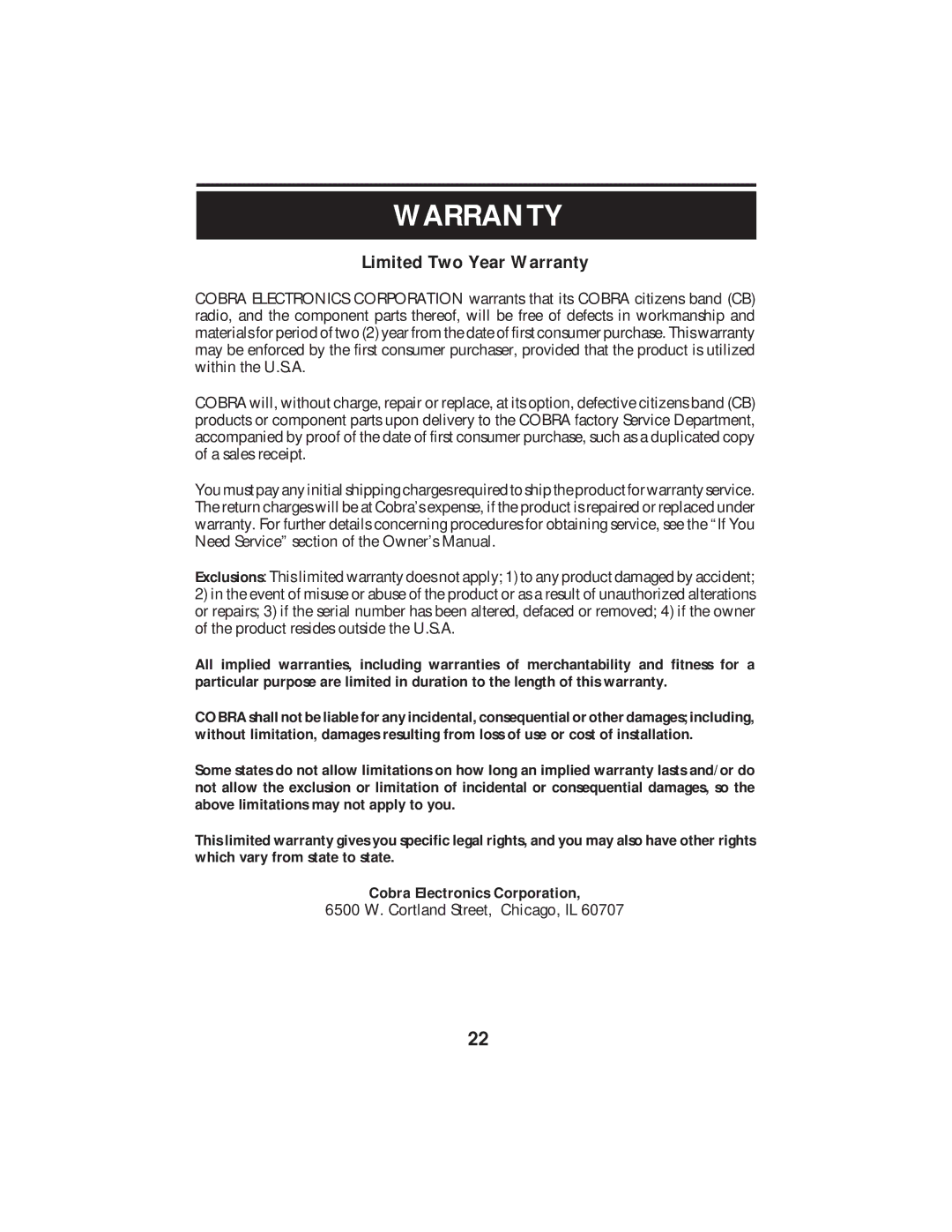 Cobra Electronics 2010 GTL WX operating instructions Warranty 