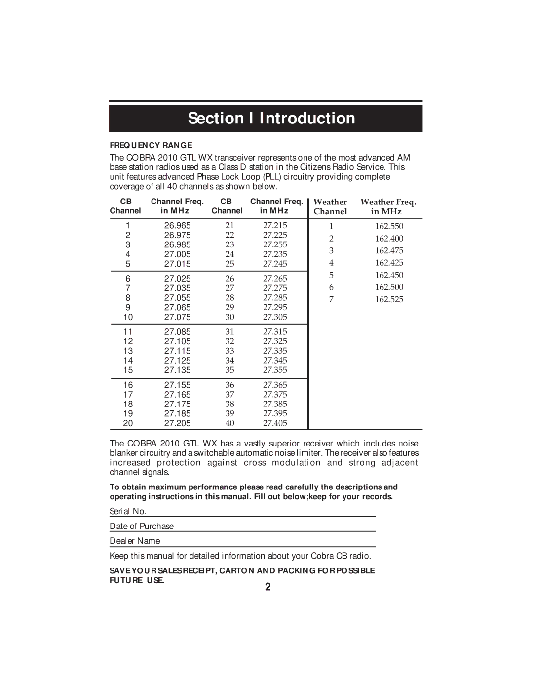 Cobra Electronics 2010 GTL WX operating instructions Section I Introduction, Frequency Range, Channel MHz 