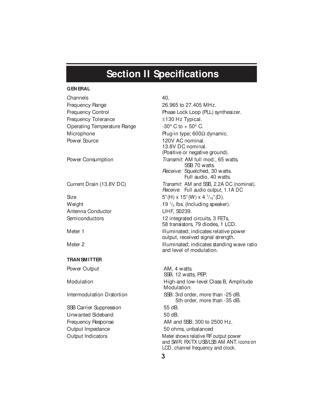 Cobra Electronics 2010 GTL WX operating instructions Section II Specifications, General, Transmitter 