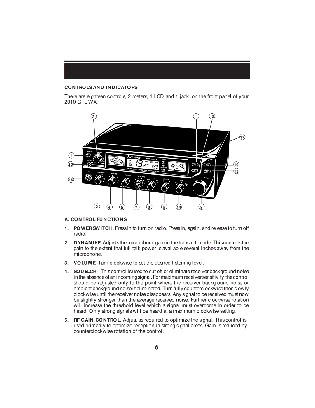 Cobra Electronics 2010 GTL WX operating instructions Controls and Indicators, Control Functions 