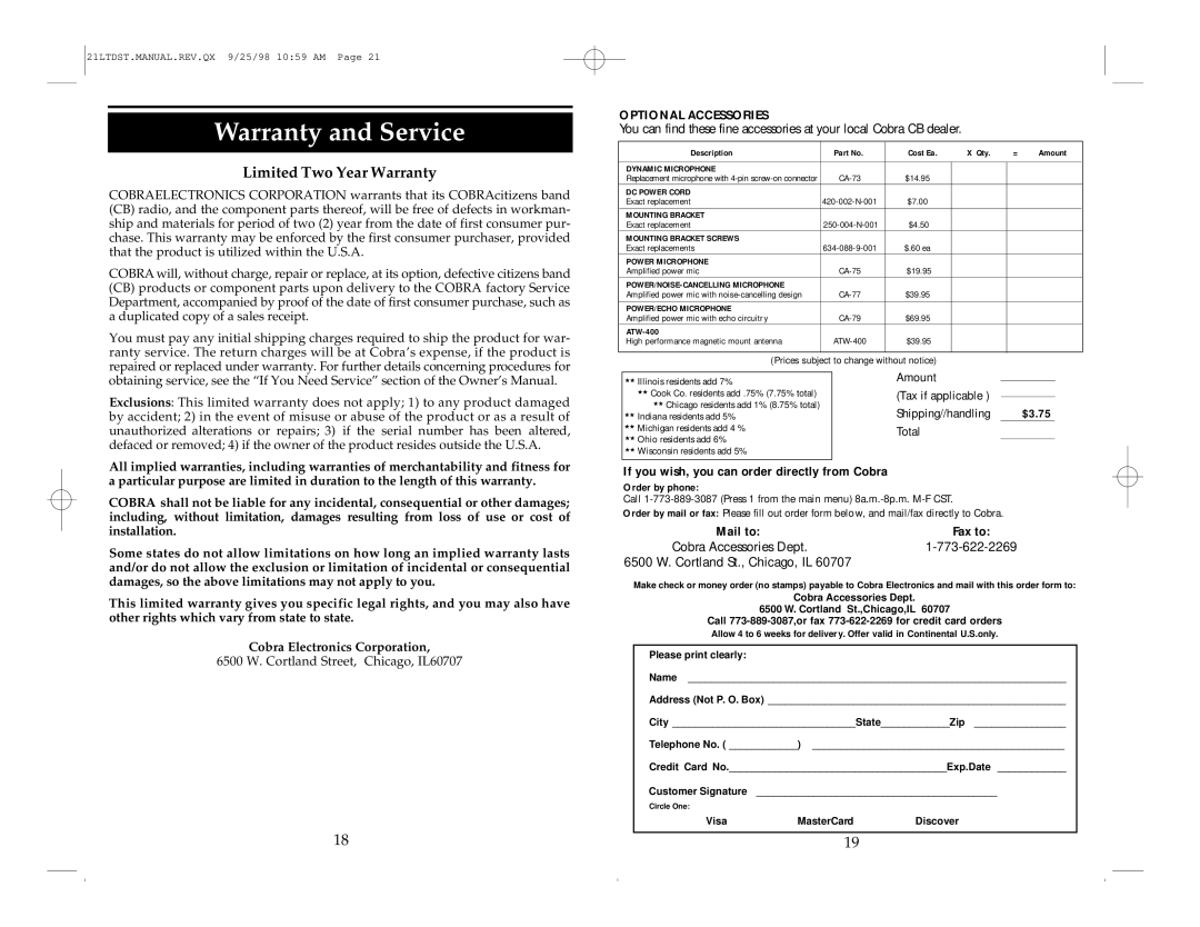 Cobra Electronics 21 LTD operating instructions Warranty and Service, Limited Two Year Warranty 